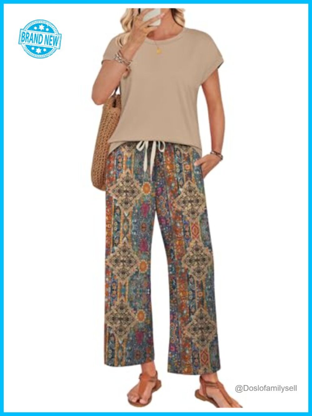 Women's Two Piece Lounge Set Cap Sleeve Top Wide Leg Pants Vacation Travel